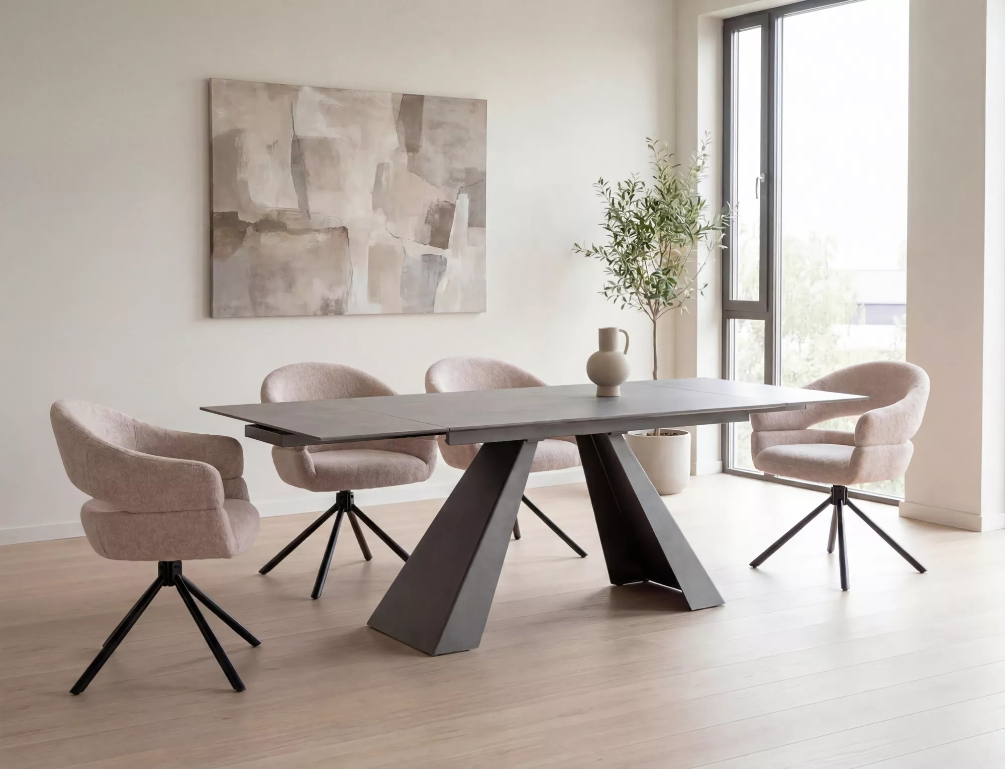 Salvadore anthracite grey ceramic dining table 180–260 cm with black metal legs