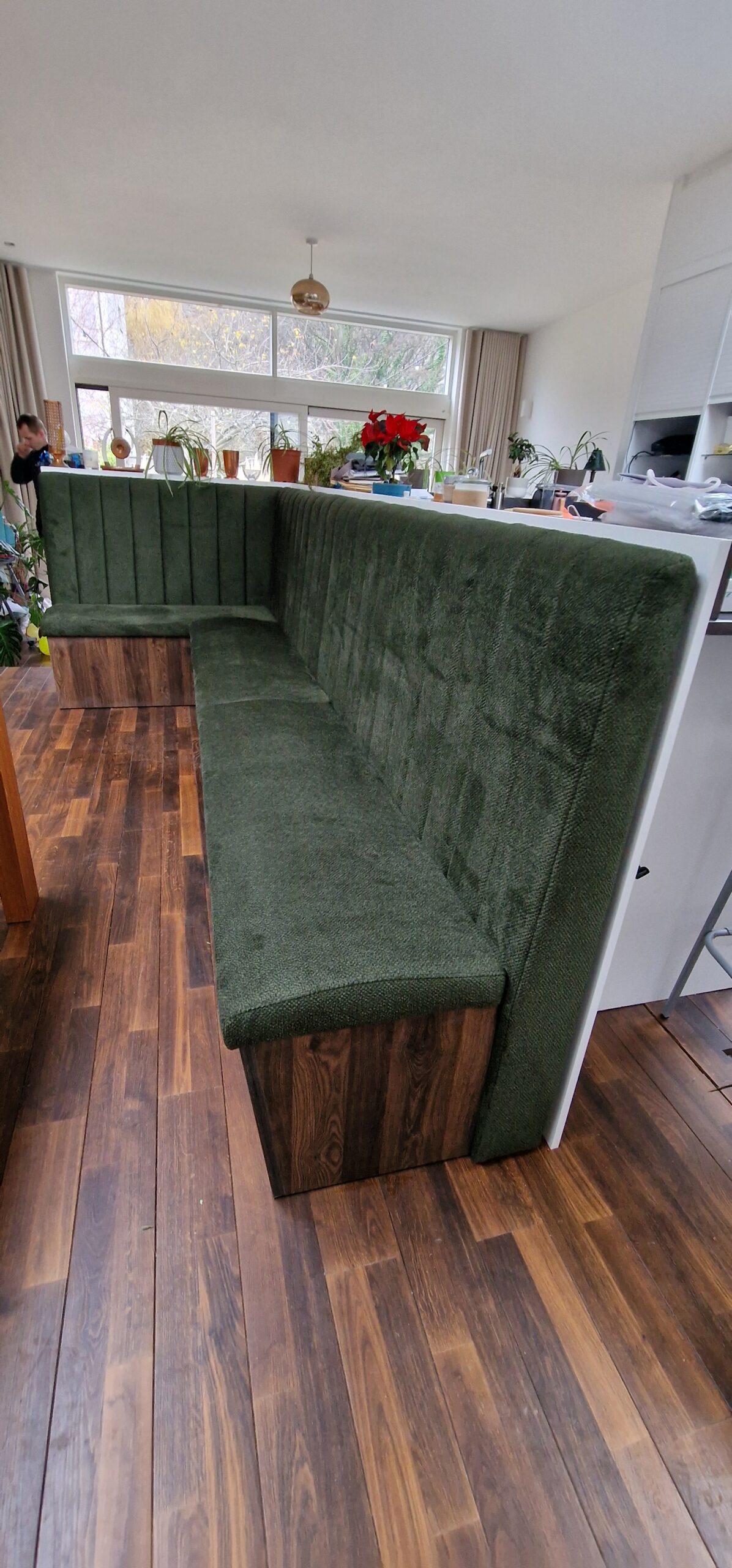 Bespoke Channel Style L-shaped Banquette Seating with Storage, W325 x 130 cm