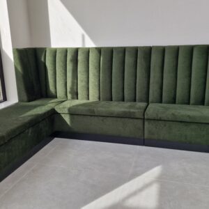 Bespoke Channel Style L-shaped Banquette Seating with Window Bay and Storage, 200 x 350 cm