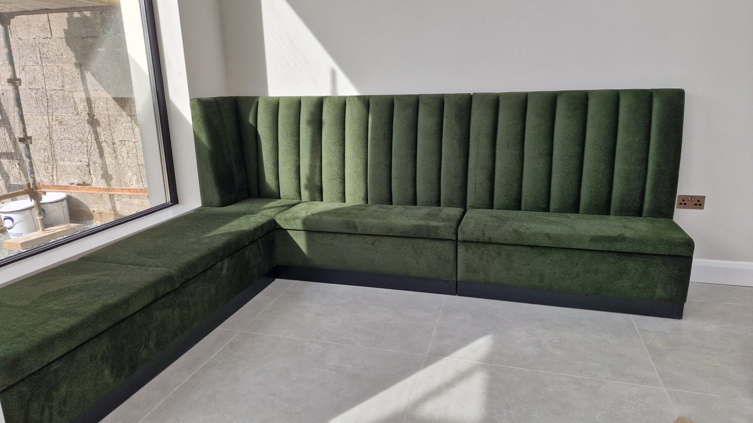 Bespoke Channel Style L-shaped Banquette Seating with Window Bay and Storage, 200 x 350 cm
