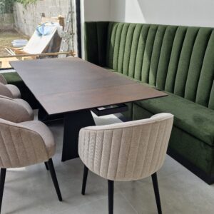 Bespoke Channel Style L-shaped Banquette Seating with Window Bay and Storage, 200 x 350 cm