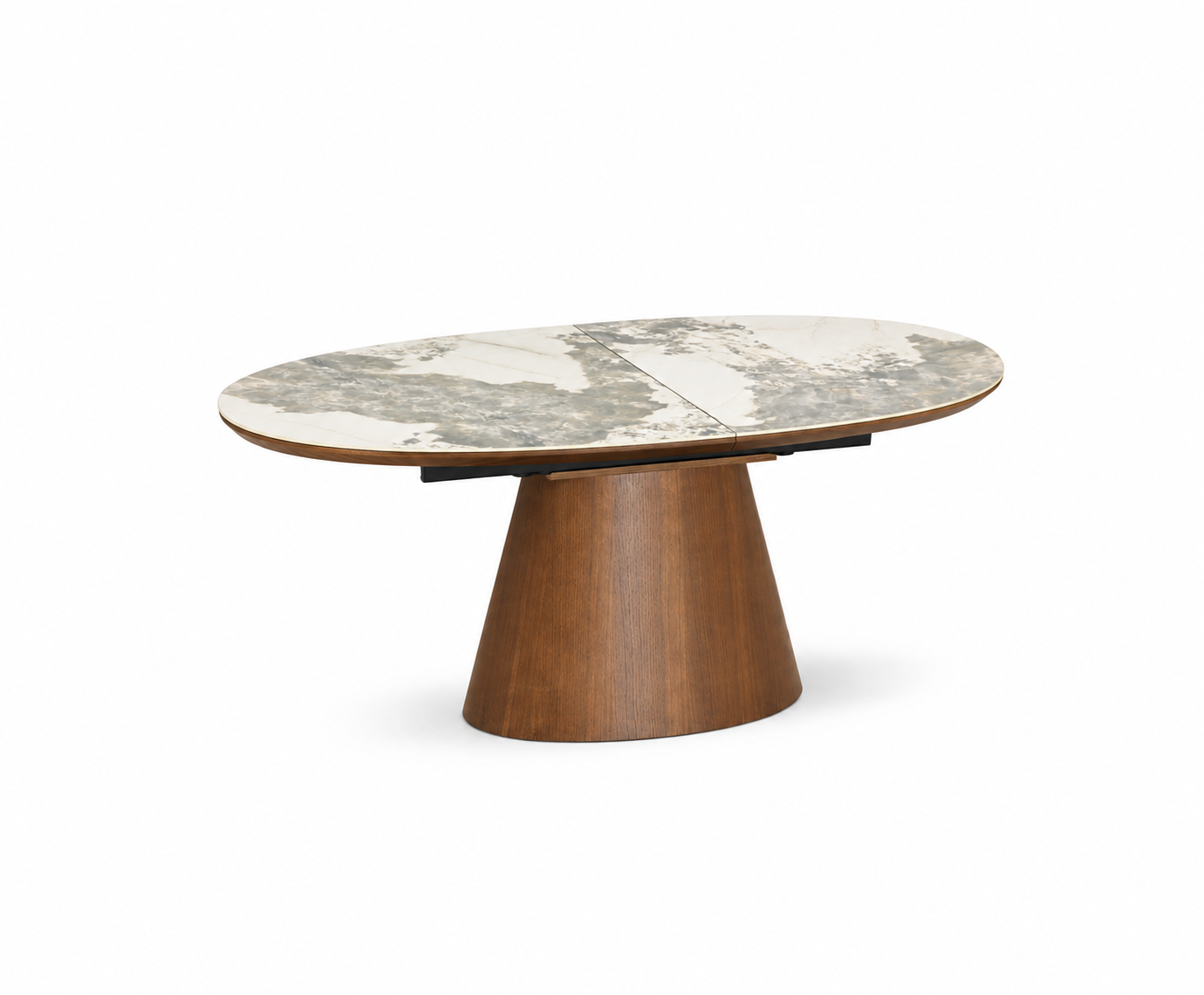 Marocco oval ceramic extending dining table 160–200cm with walnut veneer pedestal base