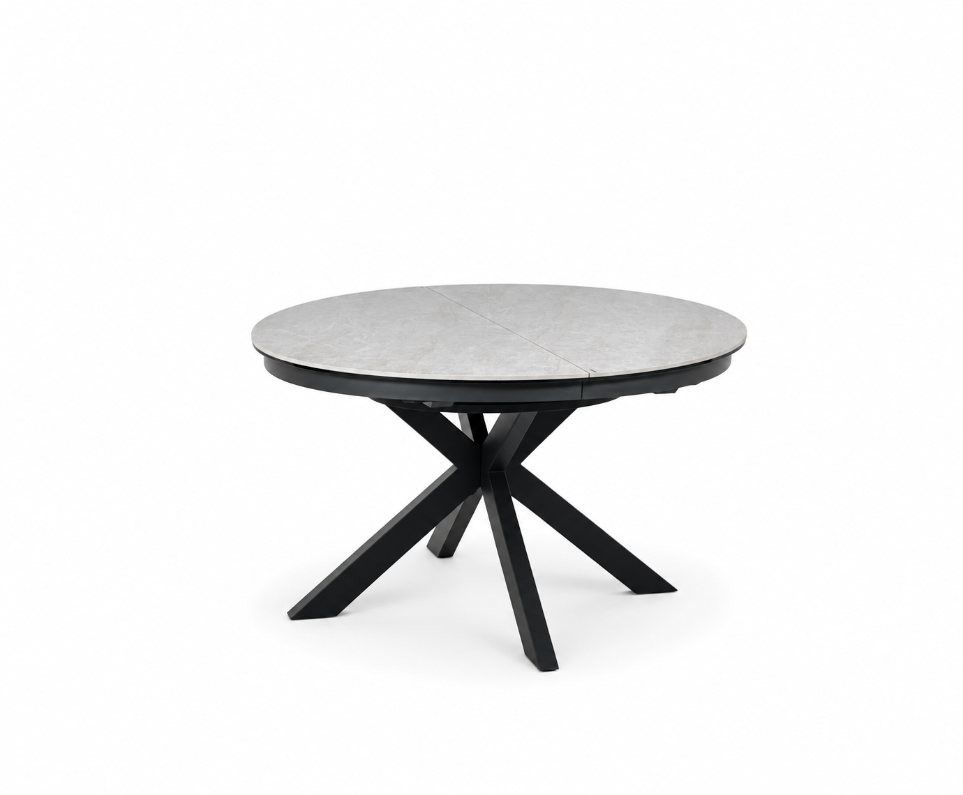 Porto Taj Mahal ceramic dining table 120–160cm with light stone-effect top and black metal base