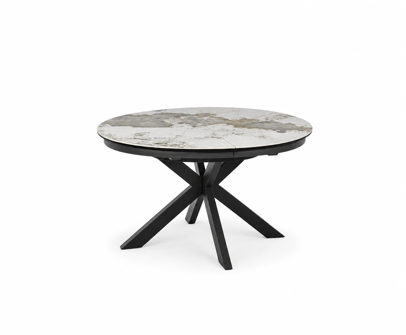 Porto round ceramic extending dining table 120–160cm with Pandoro top and black metal base