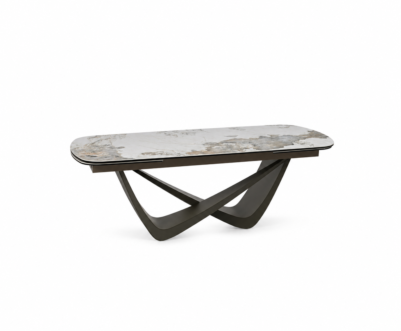Maranello large ceramic extending dining table 200–290cm with sculptural crossed metal base