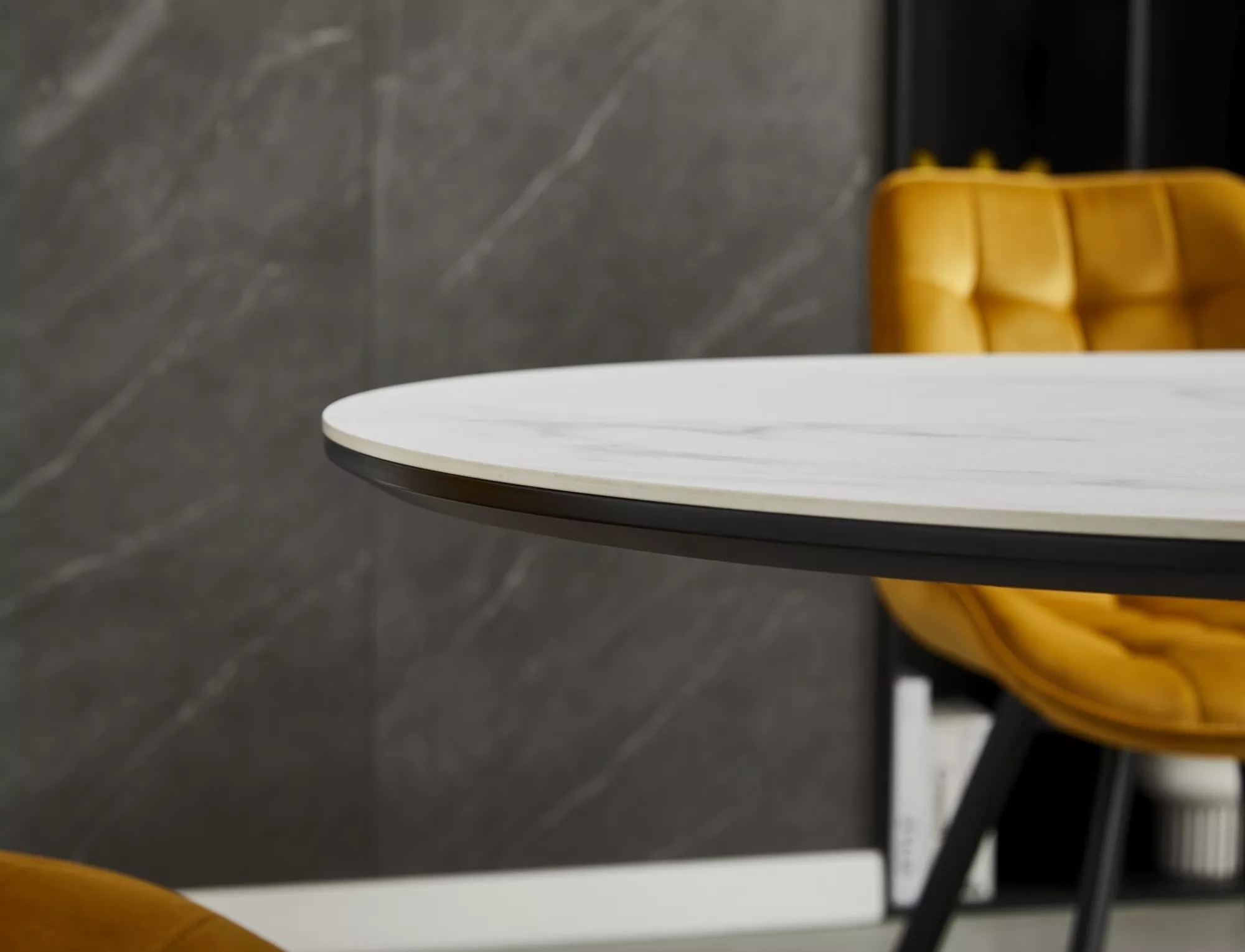 Matt white ceramic tabletop with subtle grey marble-effect veining