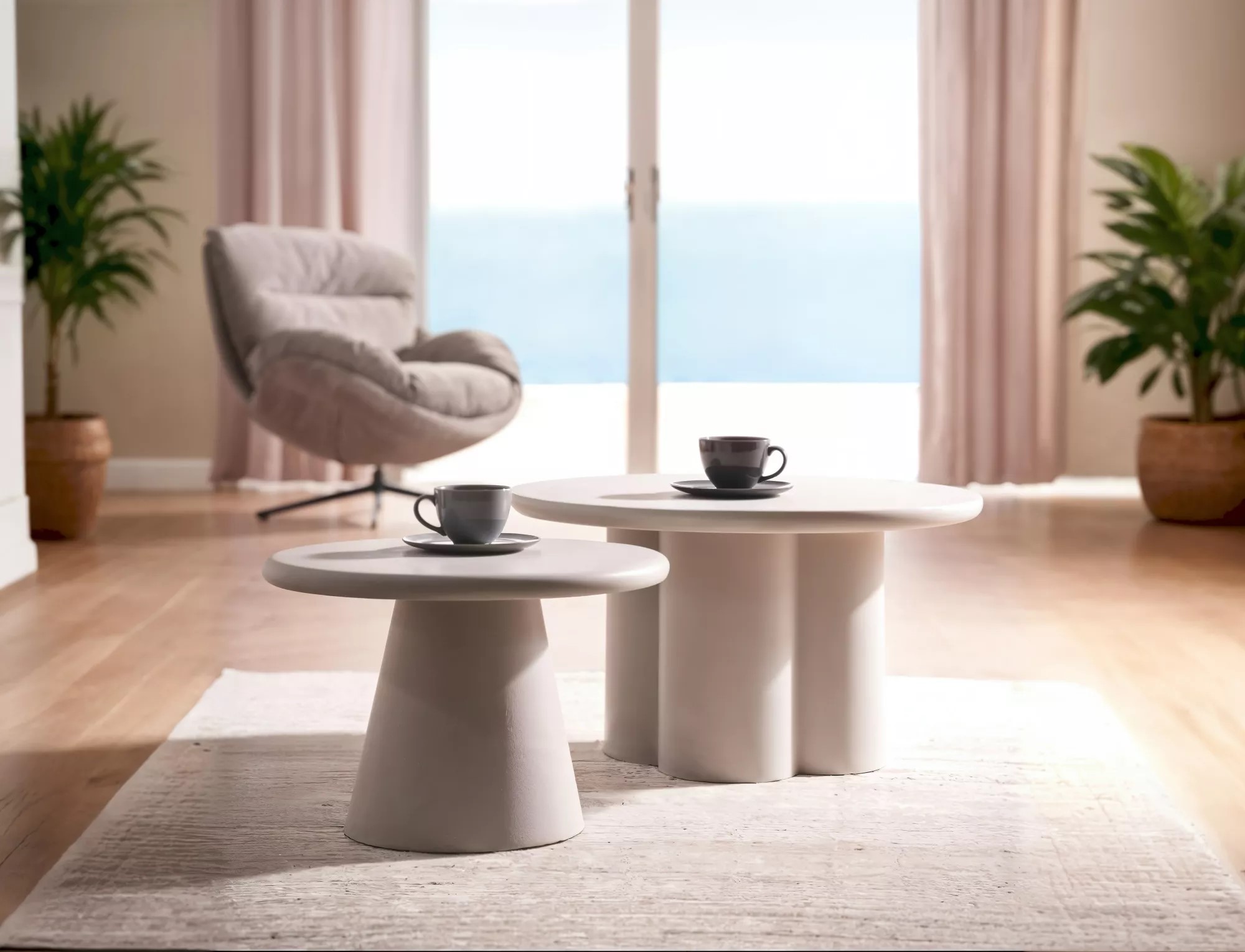 Rosalia Light Grey Coffee Table with round microcement top and sculptural base