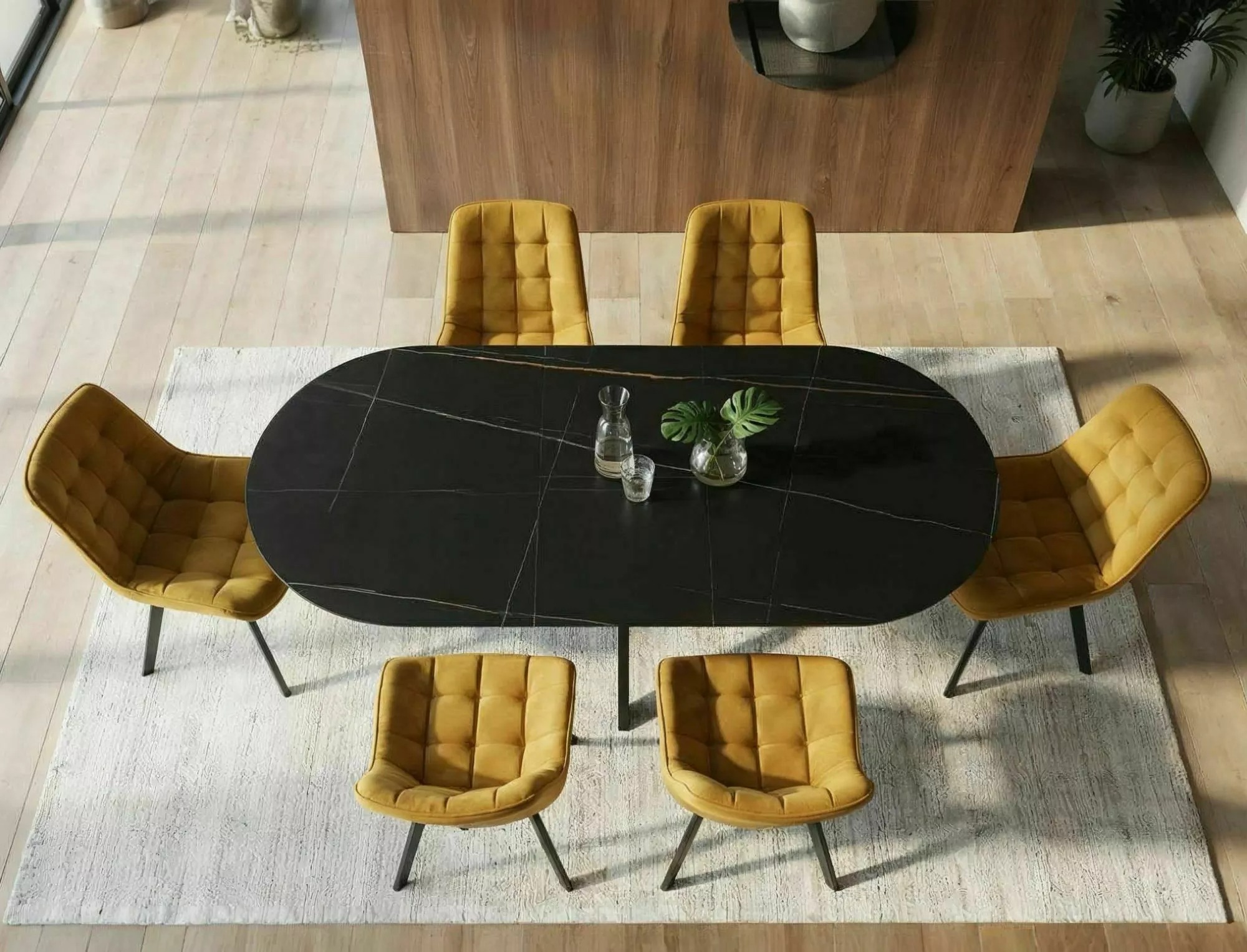 Gaston black oval ceramic dining table extended to 180cm with geometric metal legs