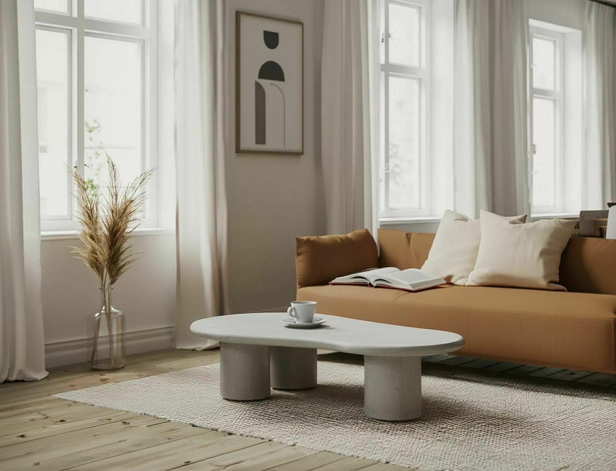 Modern round light grey microcement coffee table for contemporary living room