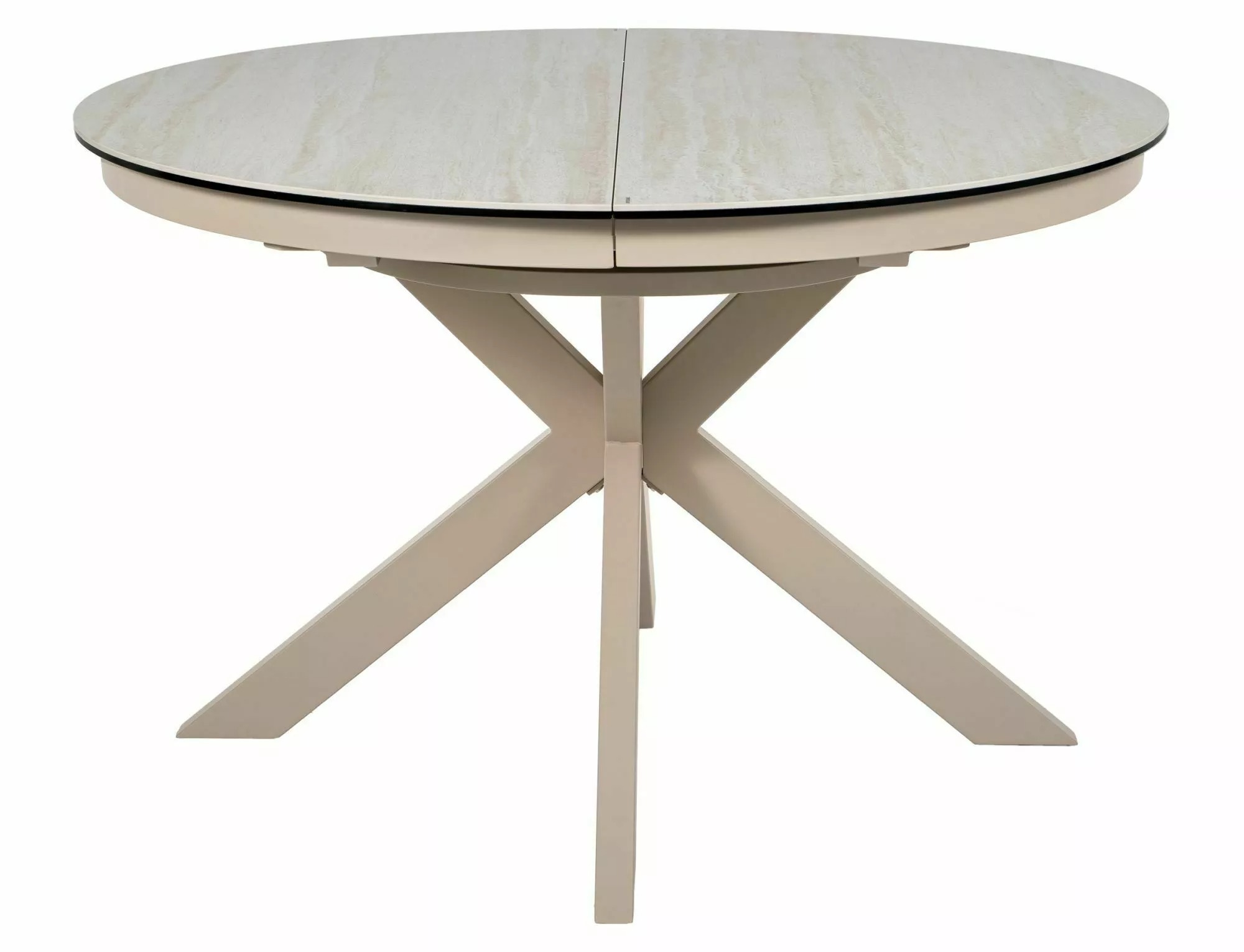 Porto dining table with sculptural geometric crossed-leg metal base in matt cashmere