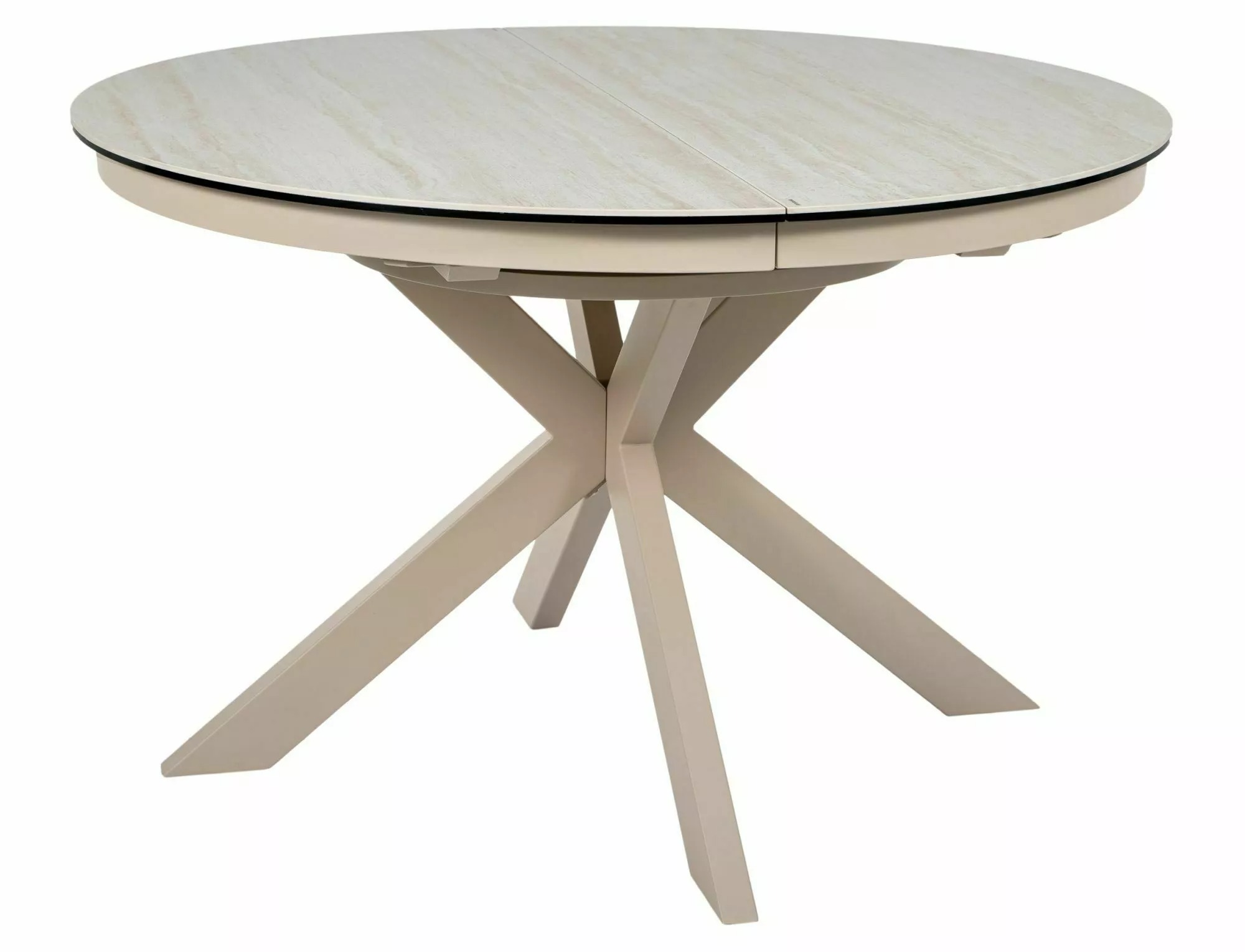 120cm round travertine-effect ceramic dining table with matt cashmere metal legs