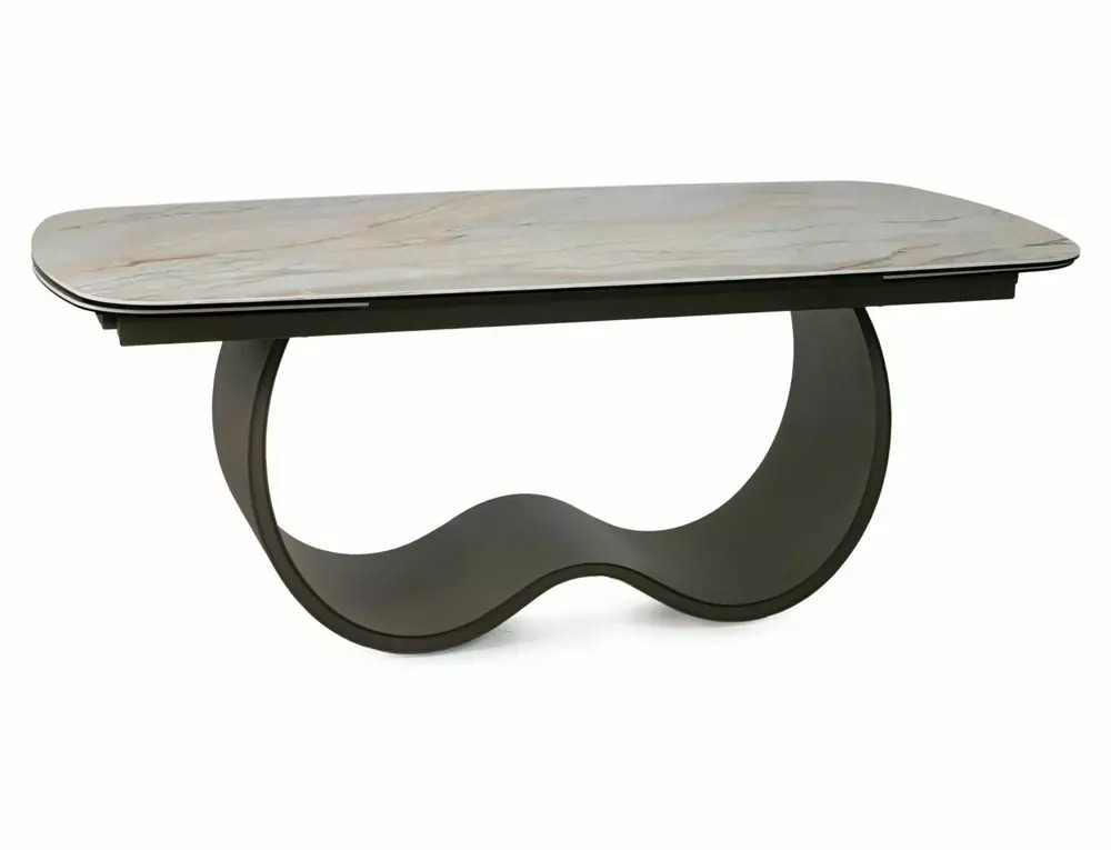 Sculptural curved metal pedestal base of Casablanca contemporary dining table