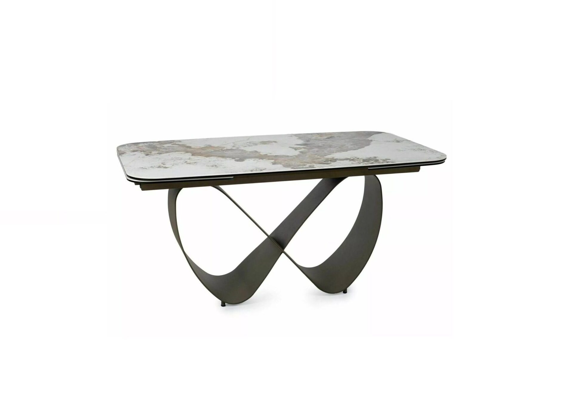 Infinity Pandoro dining table with white gloss ceramic top and sculptural copper metal base
