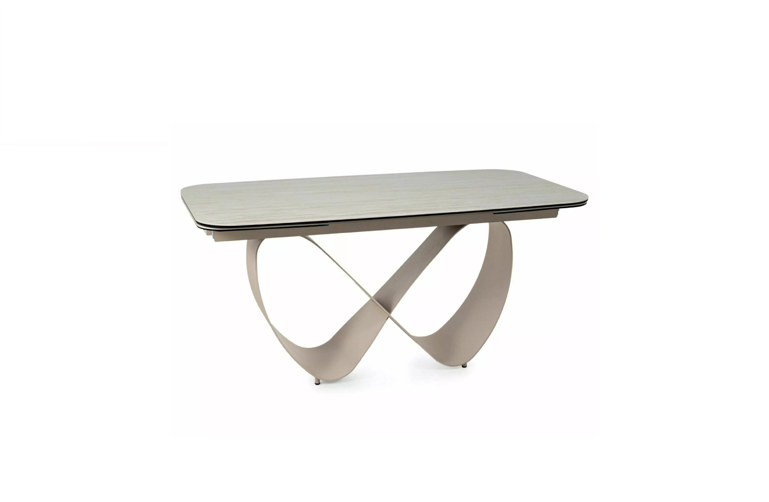 Infinity travertine ceramic extending dining table with cashmere sculptural metal base