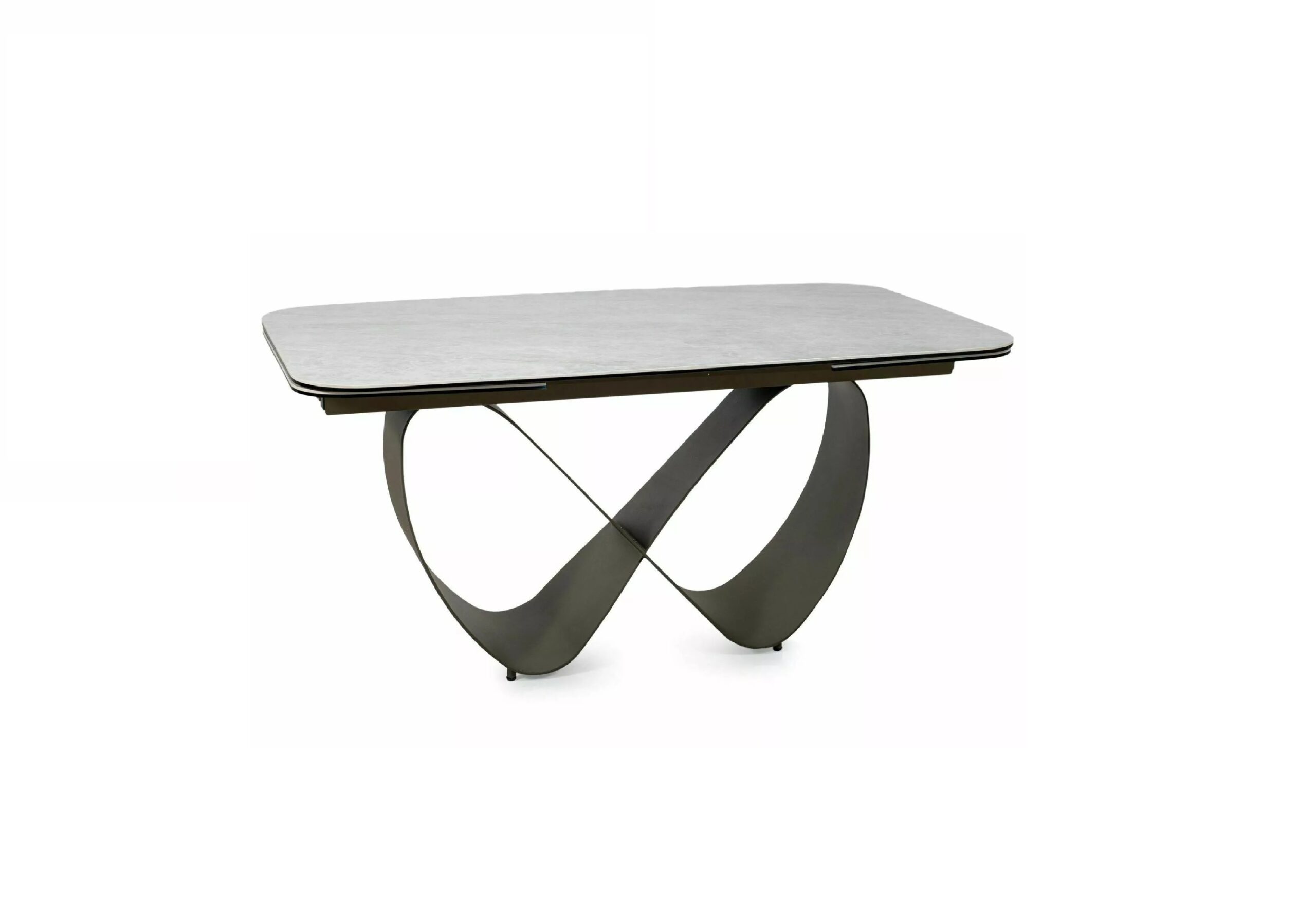 Infinity Taj Mahal dining table with beige gloss ceramic top and sculptural copper metal base