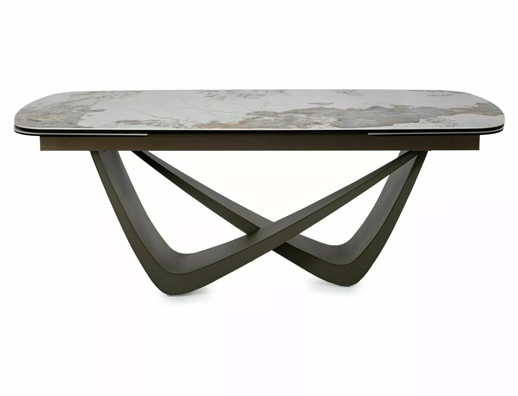 Sculptural crossed metal pedestal base of Maranello modern dining table