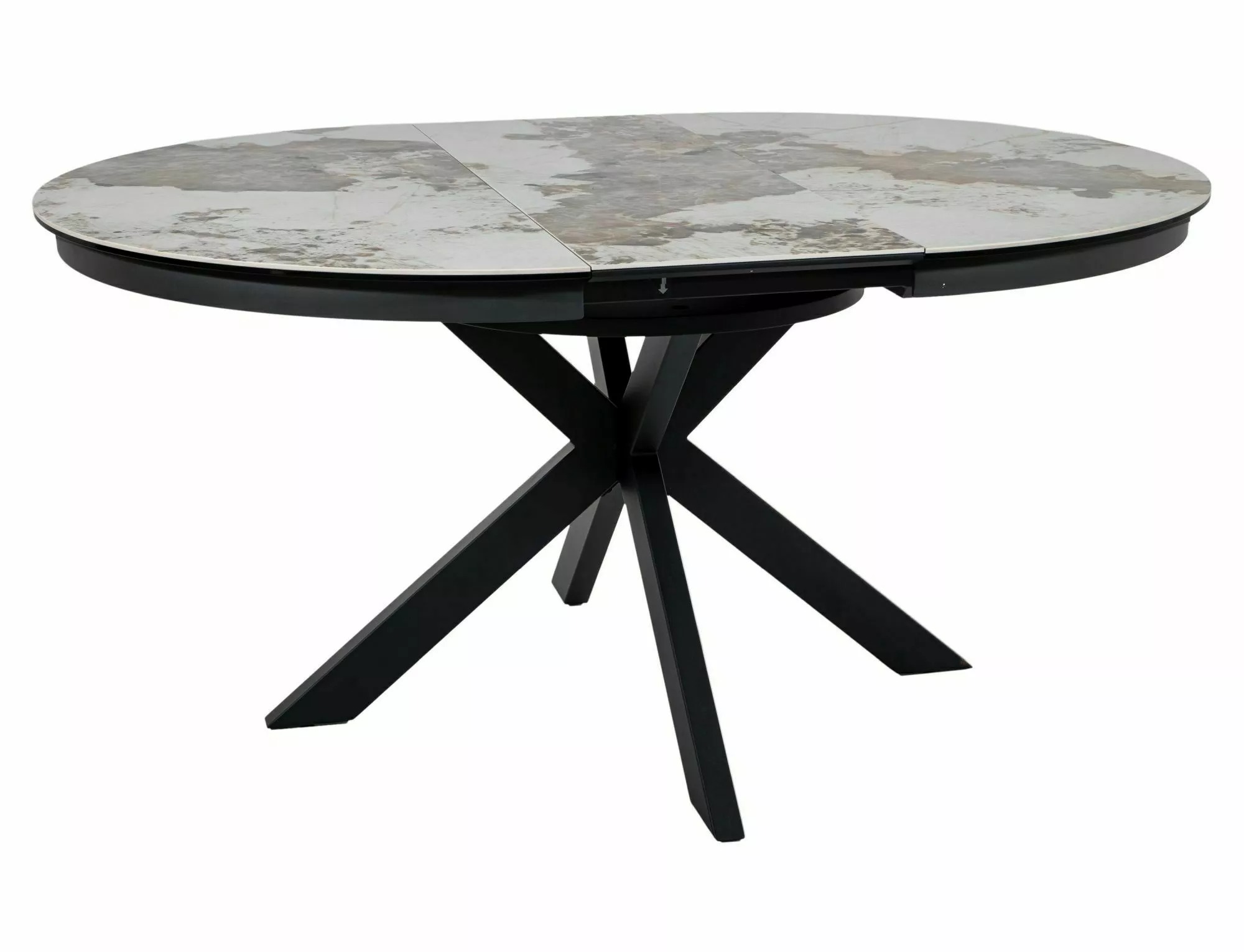 Porto contemporary round dining table with geometric crossed matt black metal legs