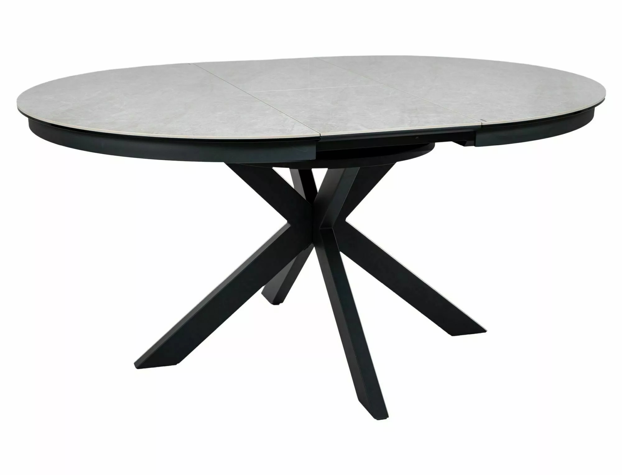 Porto Taj Mahal round extending dining table with black metal base viewed from the side