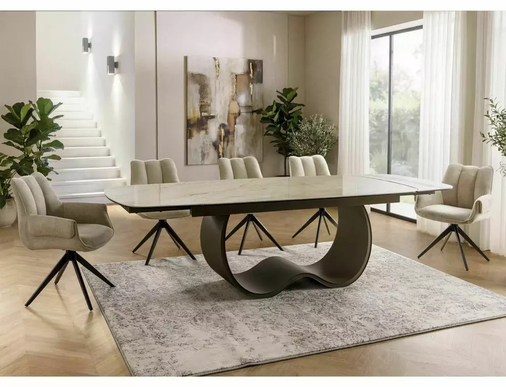 Casablanca beige ceramic dining table in an elegant contemporary dining room