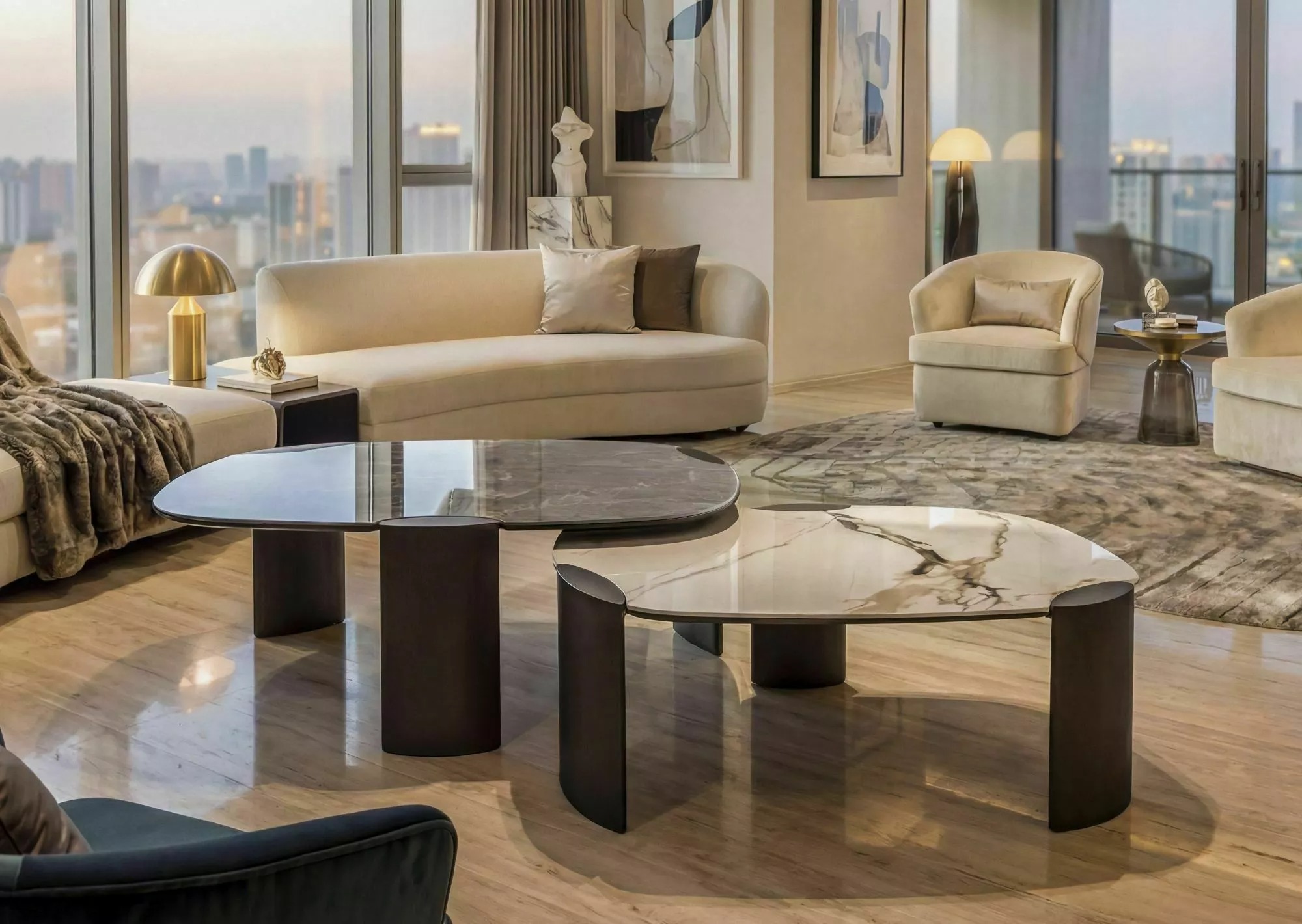 Adoro B Amber Bianco coffee table in elegant contemporary living room with neutral sofa