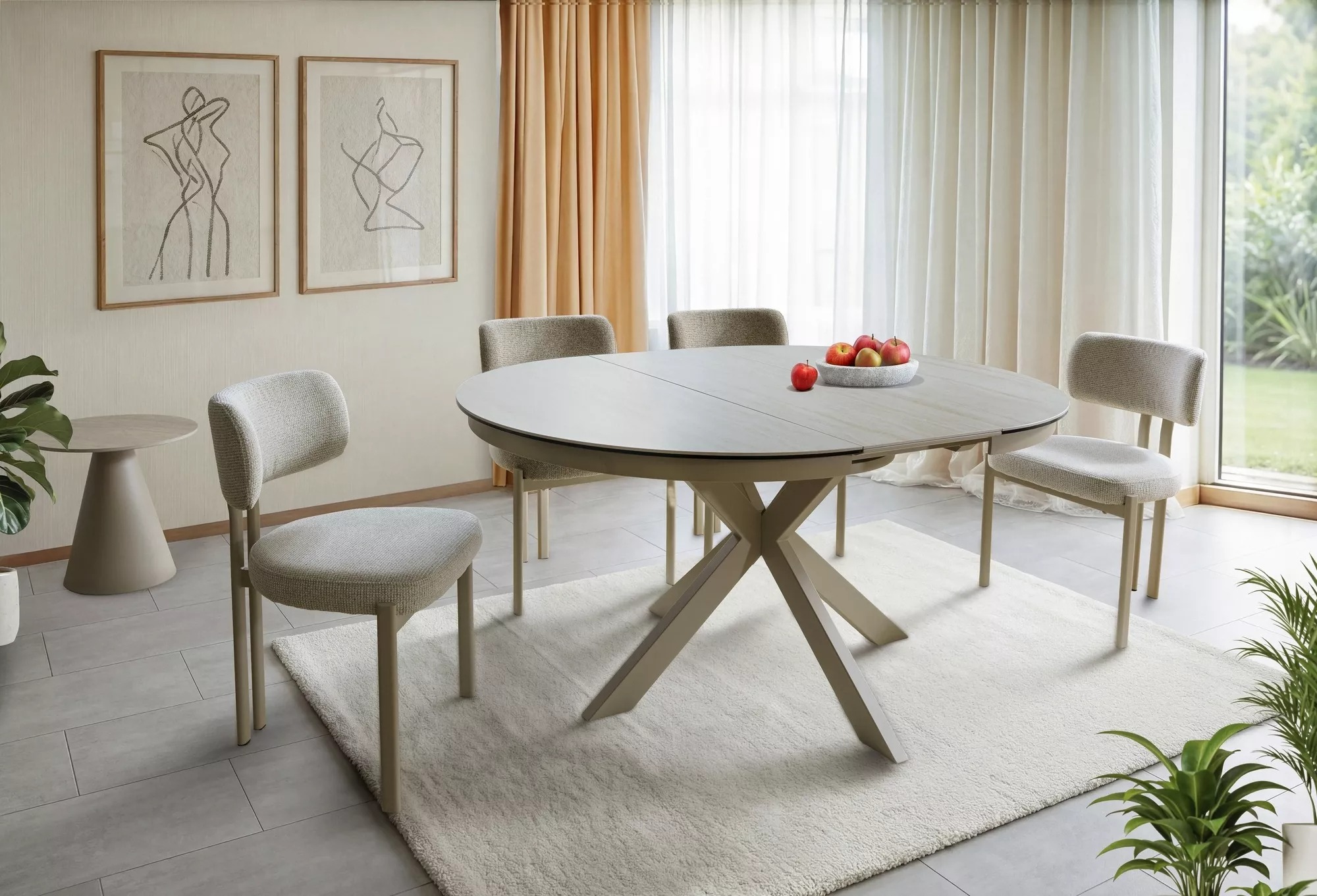 Porto Travertine round extending dining table styled with neutral upholstered dining chairs