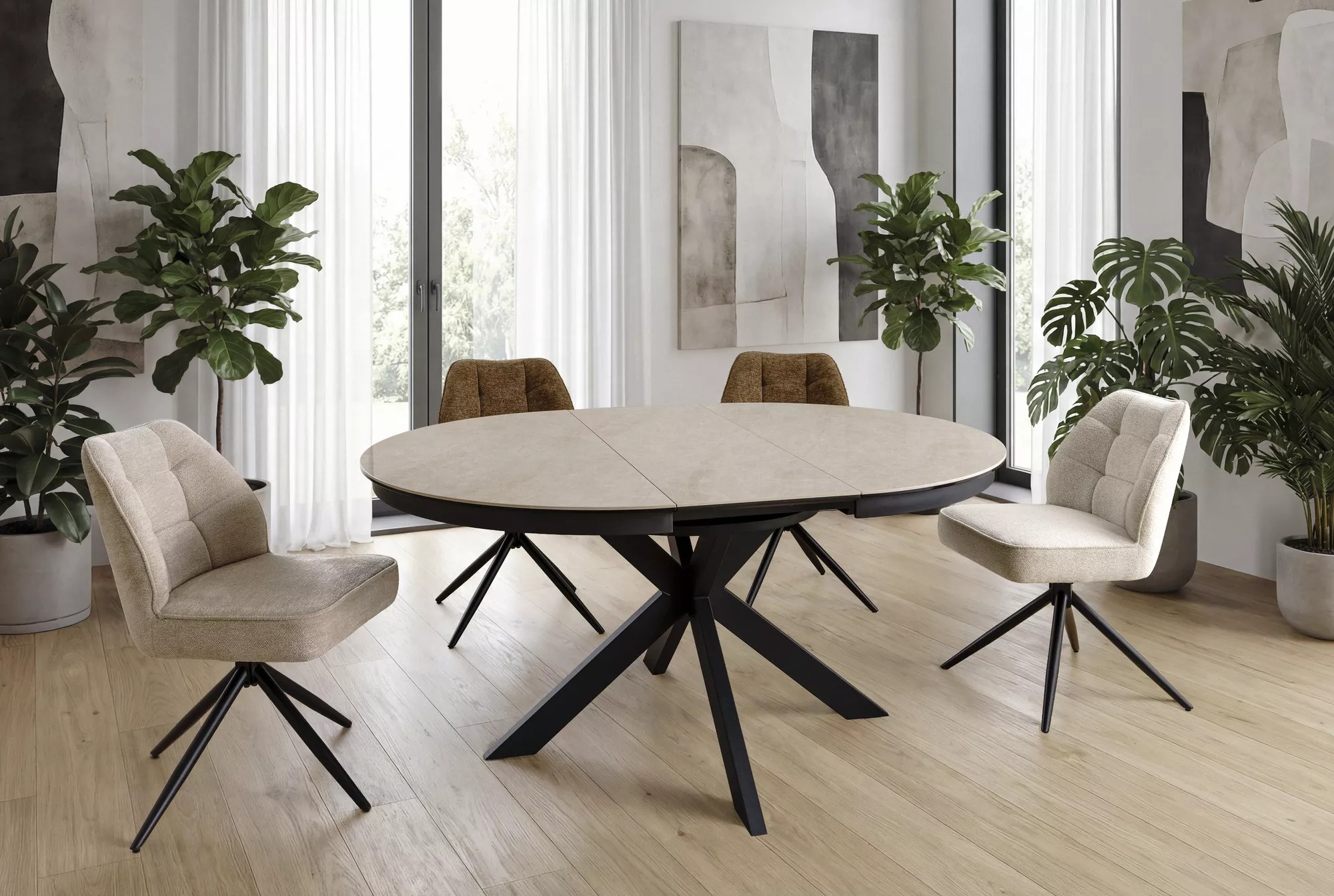 Porto Taj Mahal ceramic dining table styled with cream upholstered chairs in modern interior