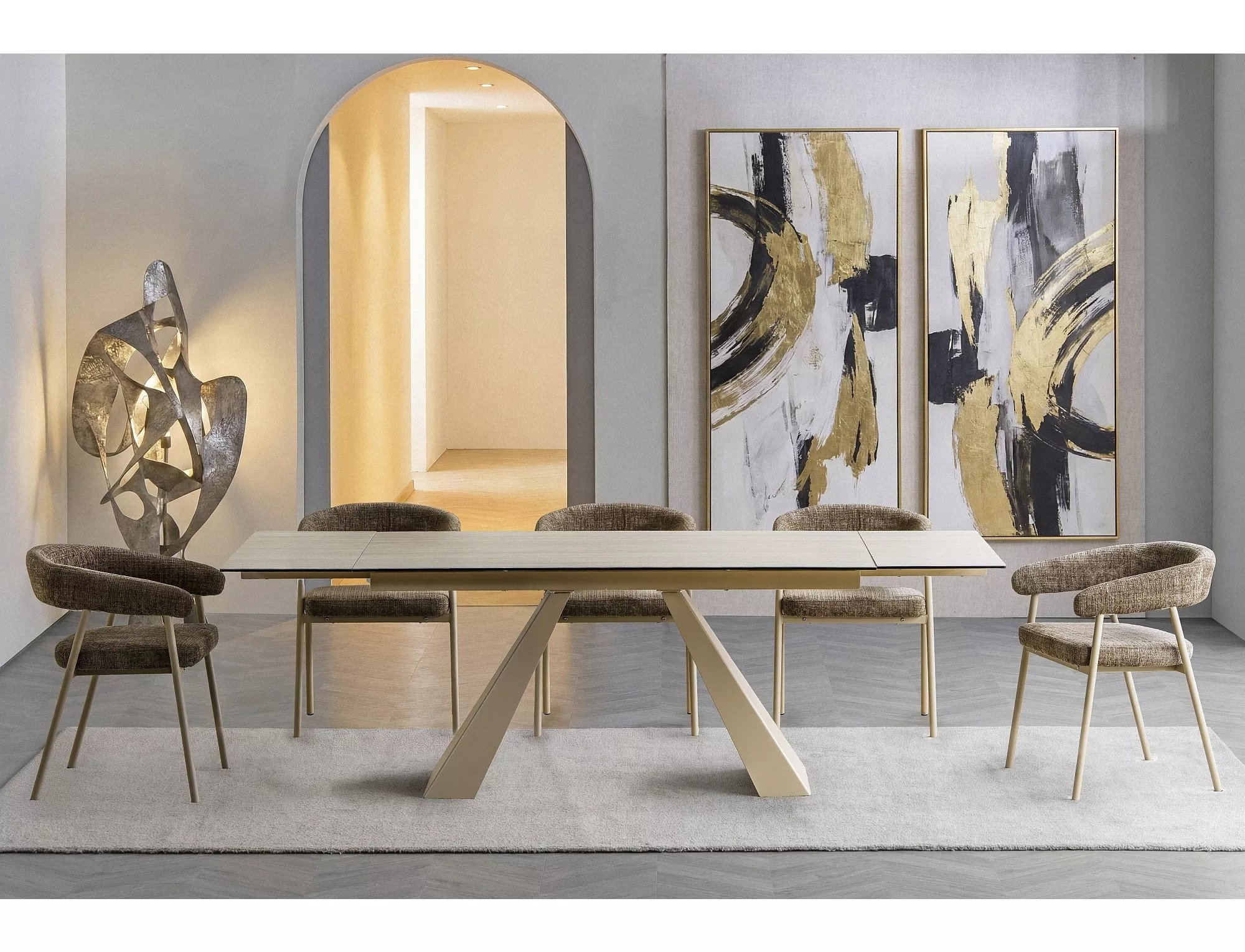 Geometric metal dining table legs in elegant Cashmere finish