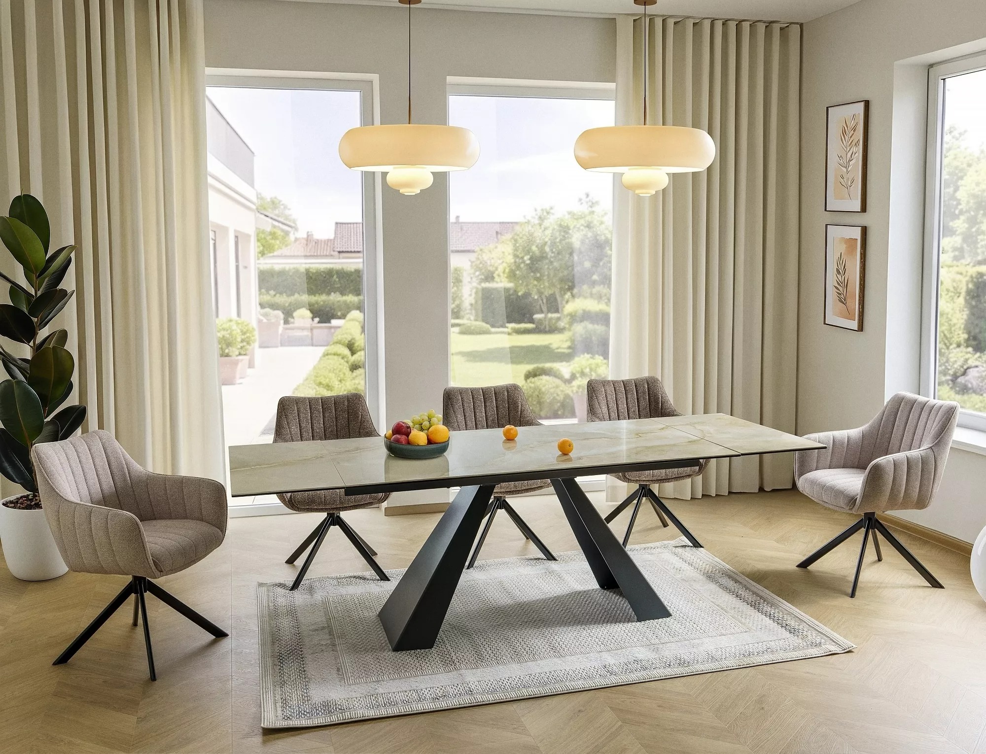 Matt black geometric metal legs of Salvadore Onice Oro Beige dining table