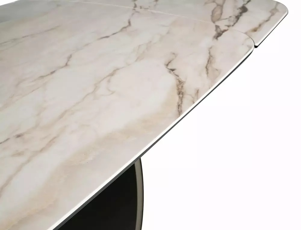 Glossy Mont Blanc ceramic tabletop with soft beige and gold marble-effect veining