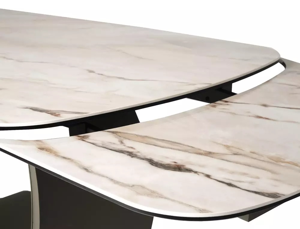 Casablanca ceramic dining tabletop with softly rounded corners and glossy beige finish