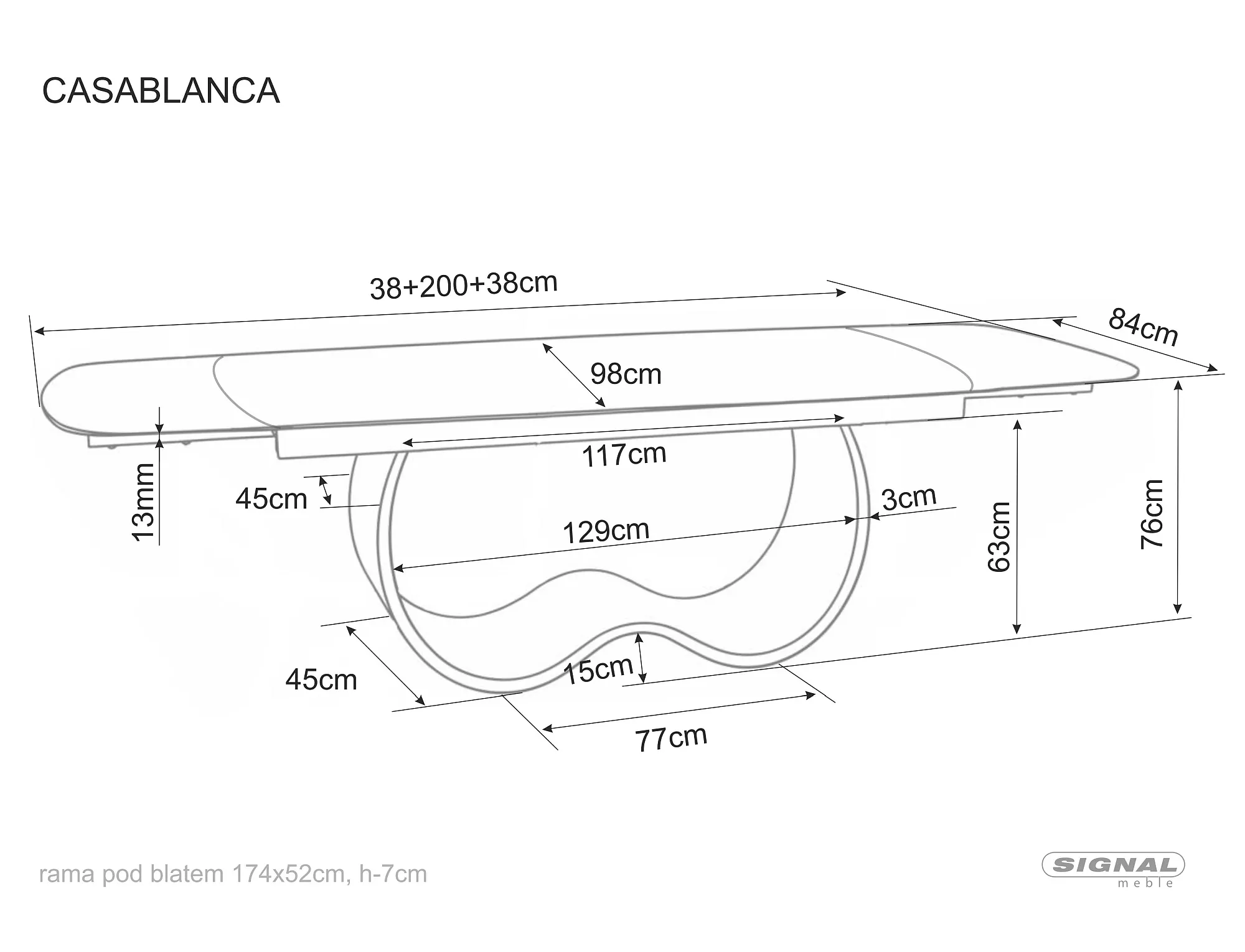 Casablanca ceramic extending dining table dimensions 200 to 276cm length, 98cm width and 76cm height