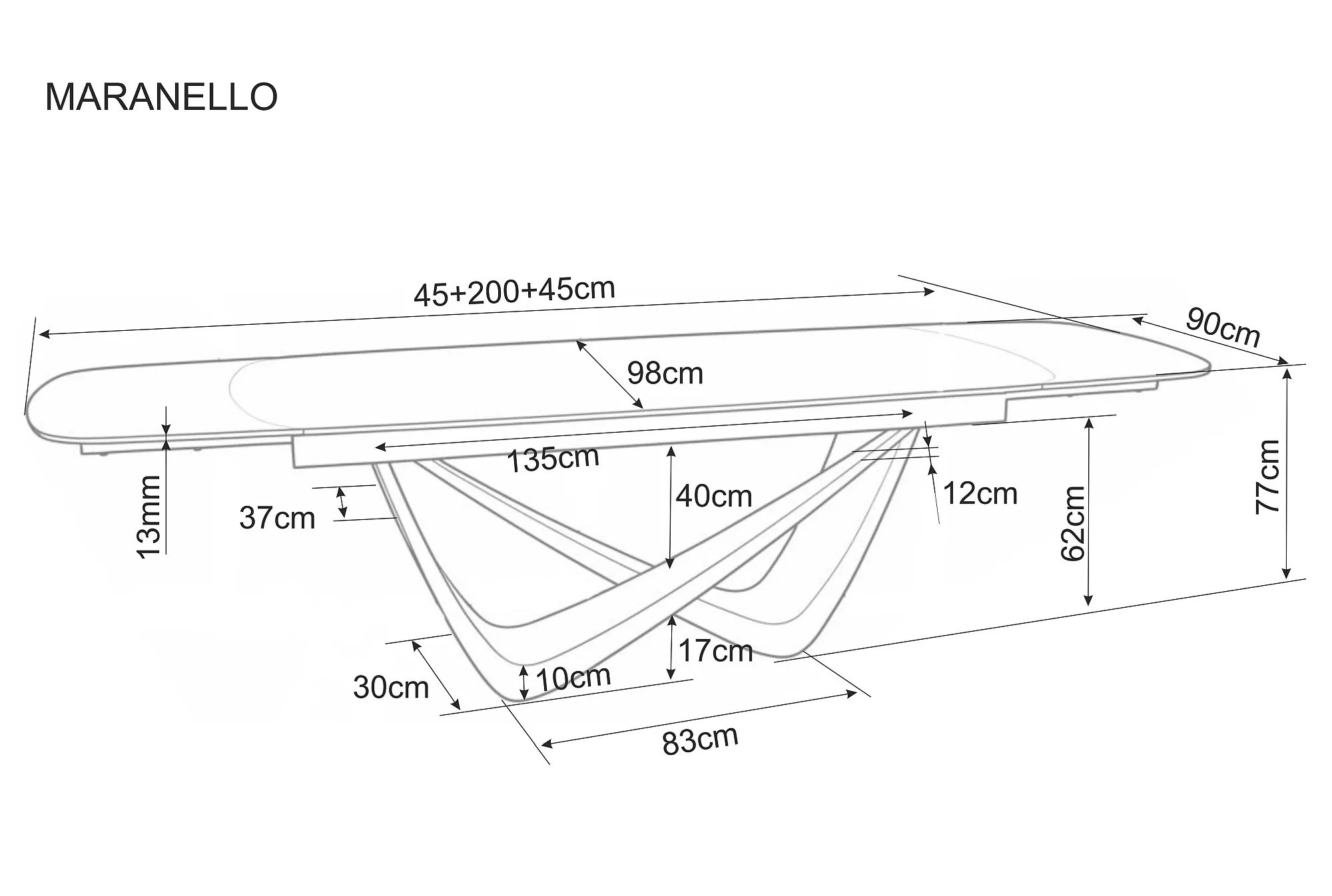 Maranello extending dining table dimensions 200 to 290cm length, 98cm width and 76cm height