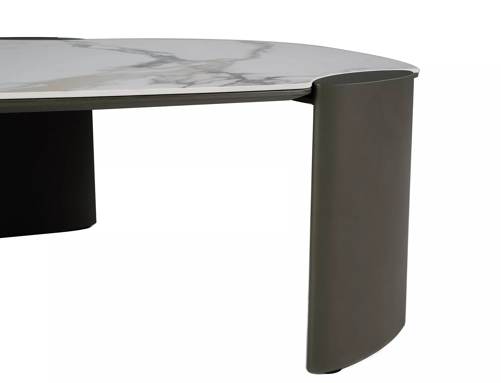 Adoro B organic shaped ceramic coffee table with curved copper coloured metal supports