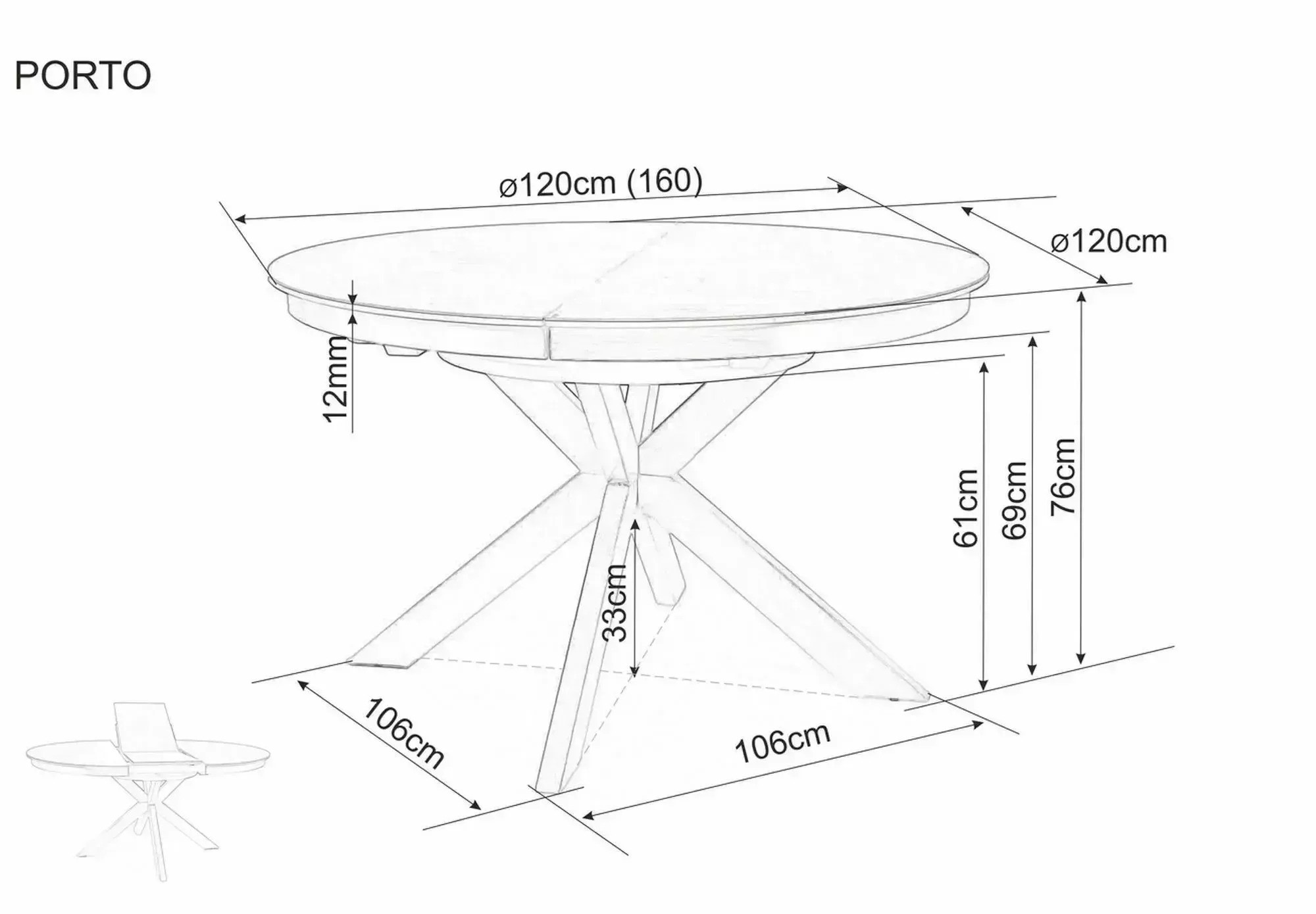 Porto round ceramic dining table dimensions 120cm diameter extending to 160cm length