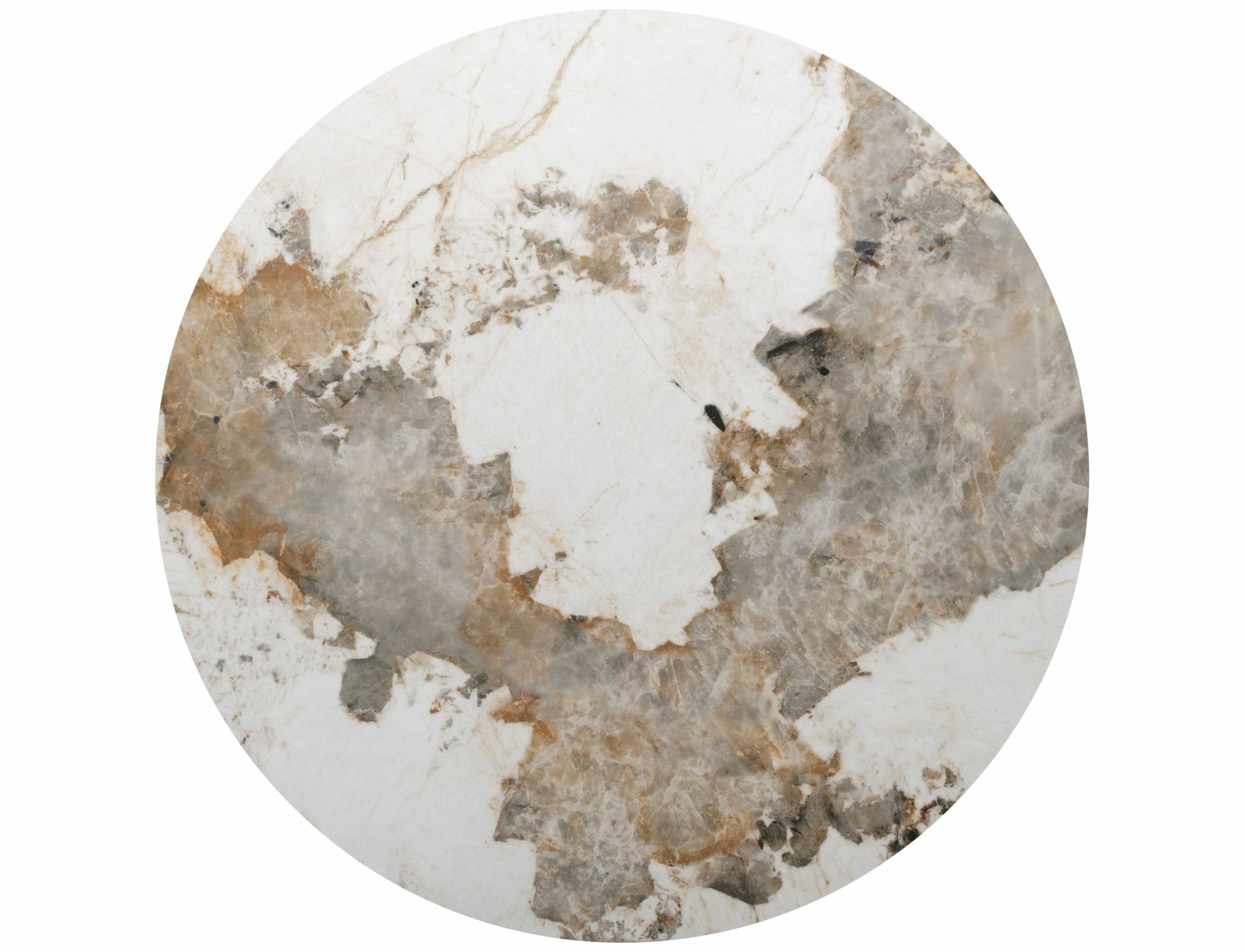 Round Pandoro ceramic tabletop with white grey and warm beige marble-effect pattern