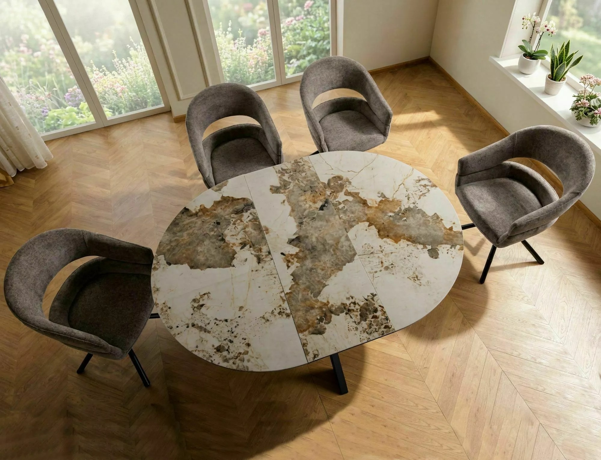 Porto ceramic dining table transformed from round to oval with 160cm extended length