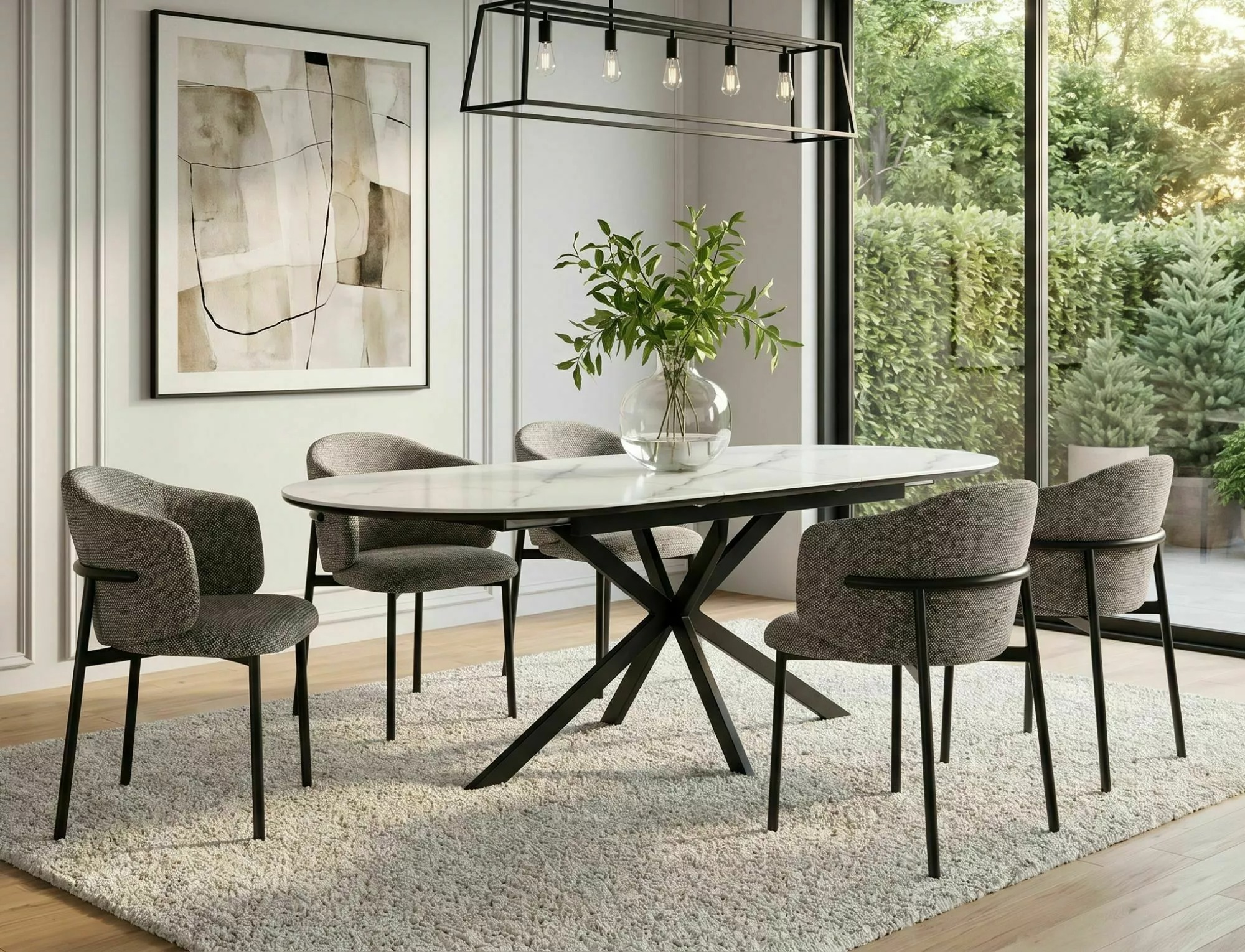 White oval ceramic extending dining table styled in a contemporary dining room