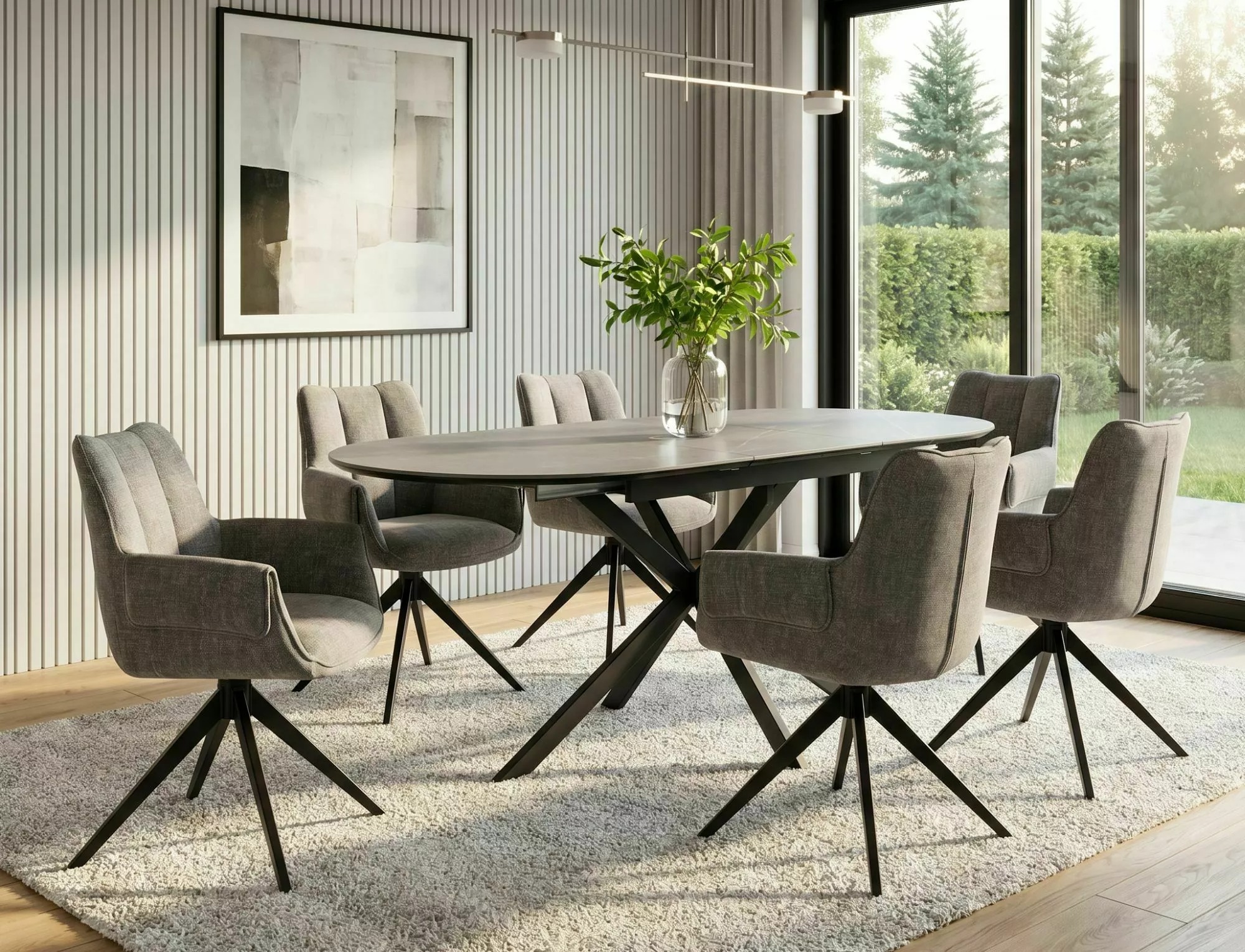 Grey oval ceramic extending dining table with integrated central extension leaf