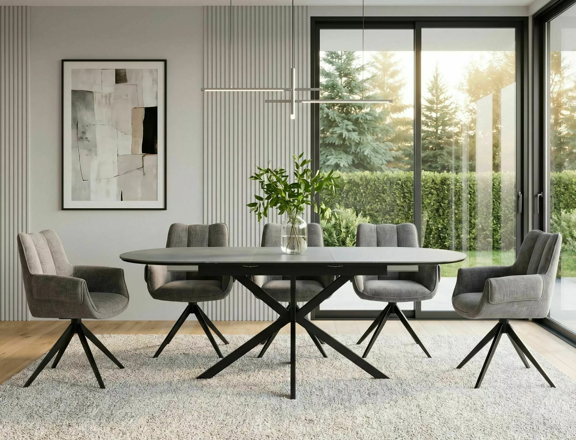 Gaston grey oval ceramic dining table extended to 180cm with black geometric metal base