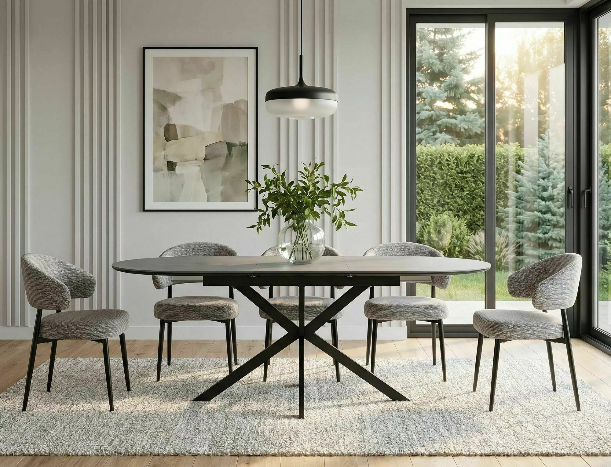 Grey matt ceramic dining tabletop with delicate white natural stone-effect veins