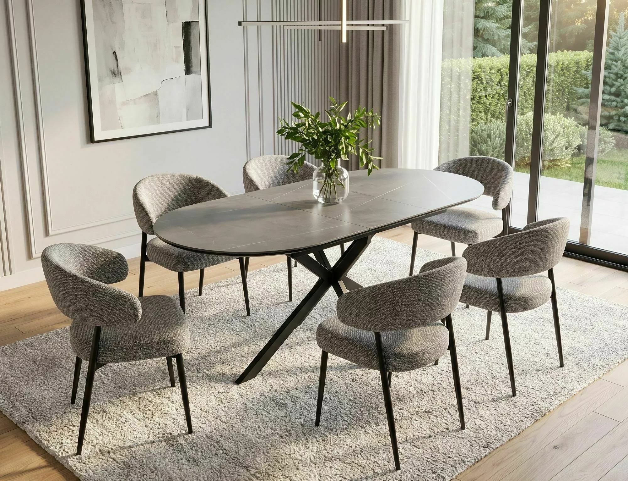 Grey oval ceramic extending dining table with integrated central extension leaf