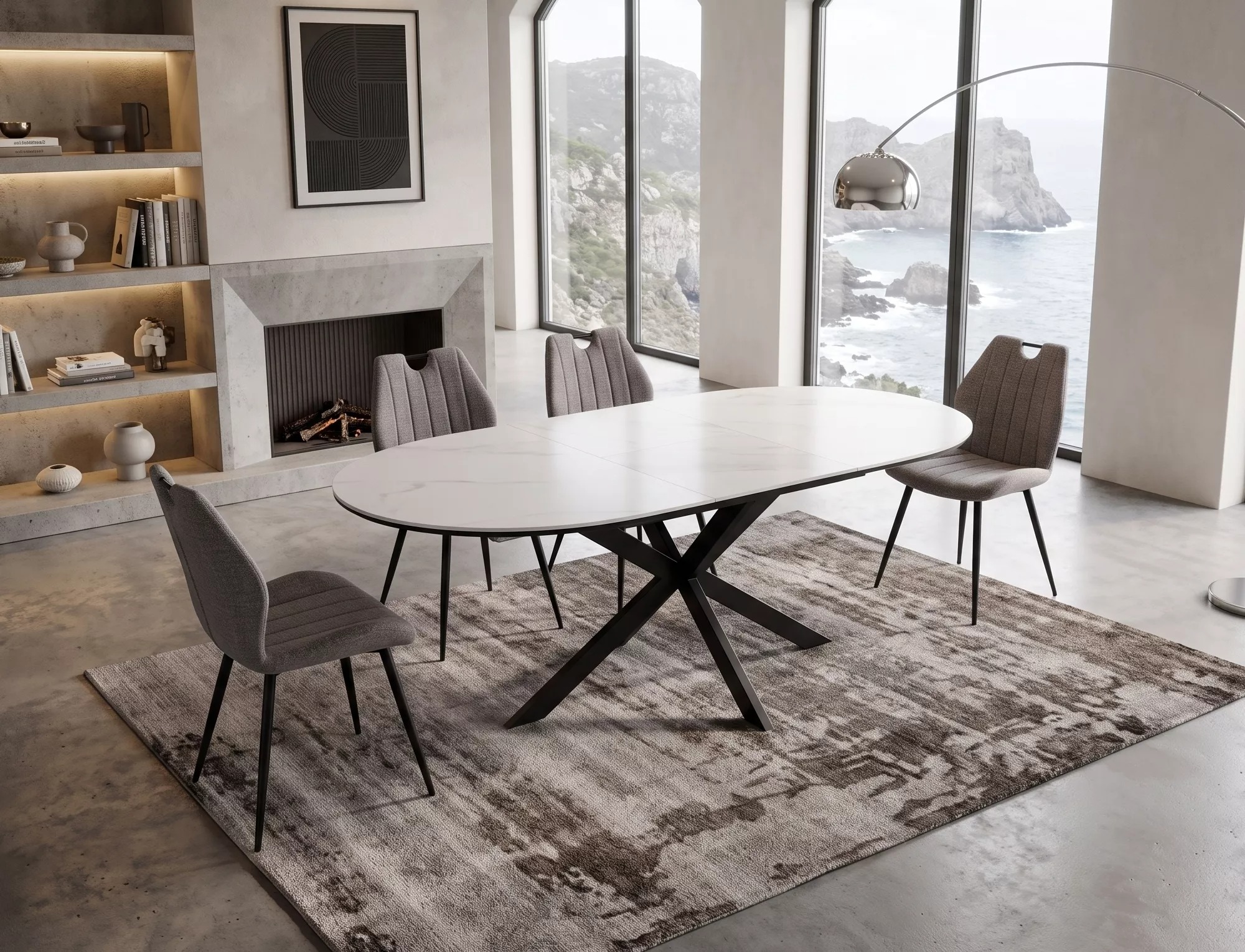 White oval ceramic extending dining table styled in a contemporary dining room