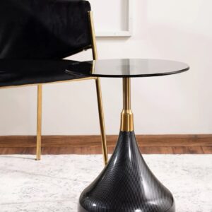 TAURUS Black Glass Side Table with Gold Detail – Ø40 × 54cm