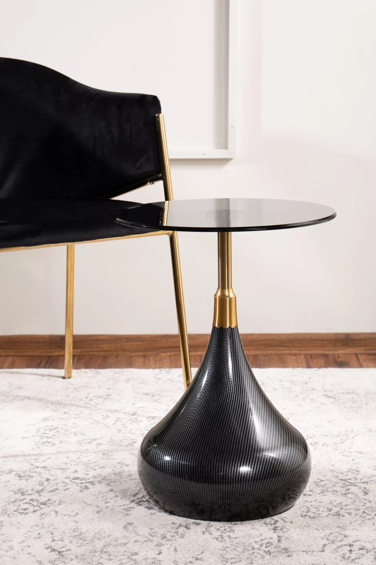 Round TAURUS side table with black smoked tempered glass top