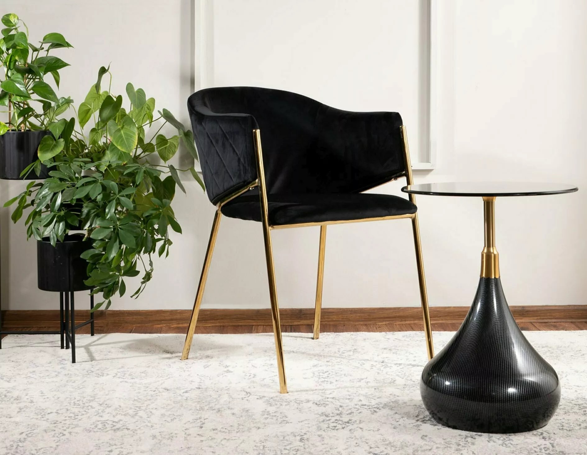 Round TAURUS side table with black smoked tempered glass top