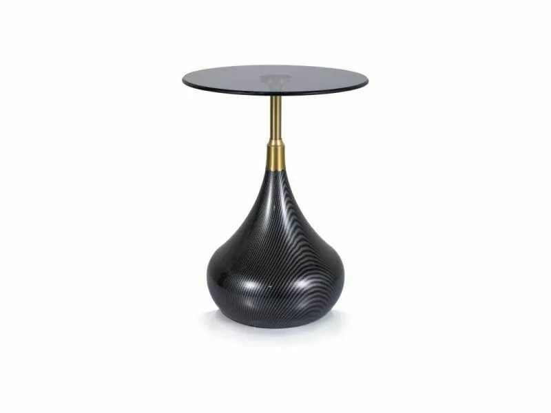 TAURUS black glass side table with sculptural black base and gold accents