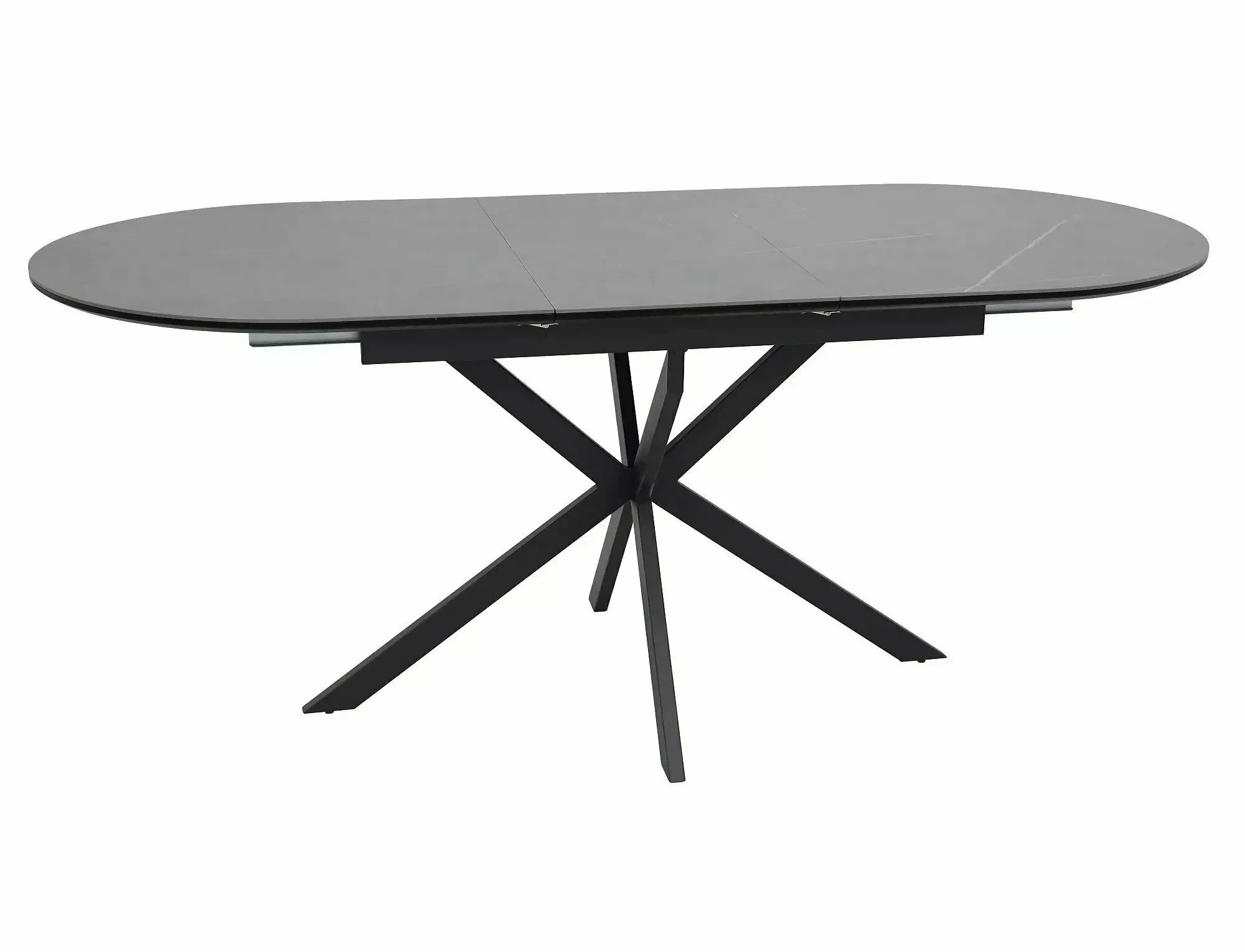 Grey oval ceramic extending dining table with integrated central extension leaf