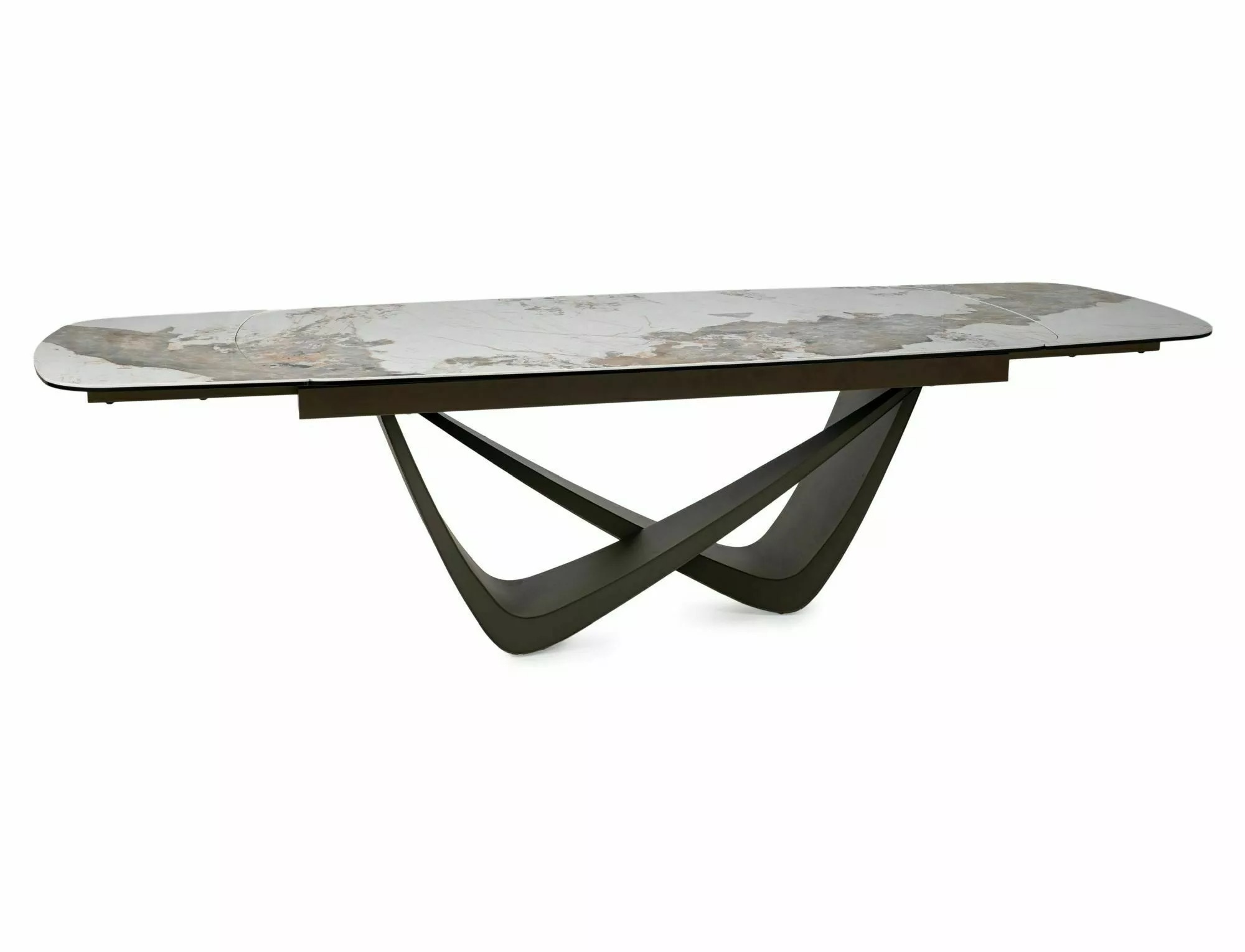 Side view of Maranello ceramic extending dining table with sculptural curved metal frame